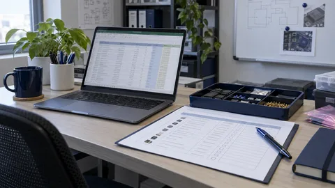 Ілюстрація таблиці BOM, контрольного списку та зразків компонентів на столі